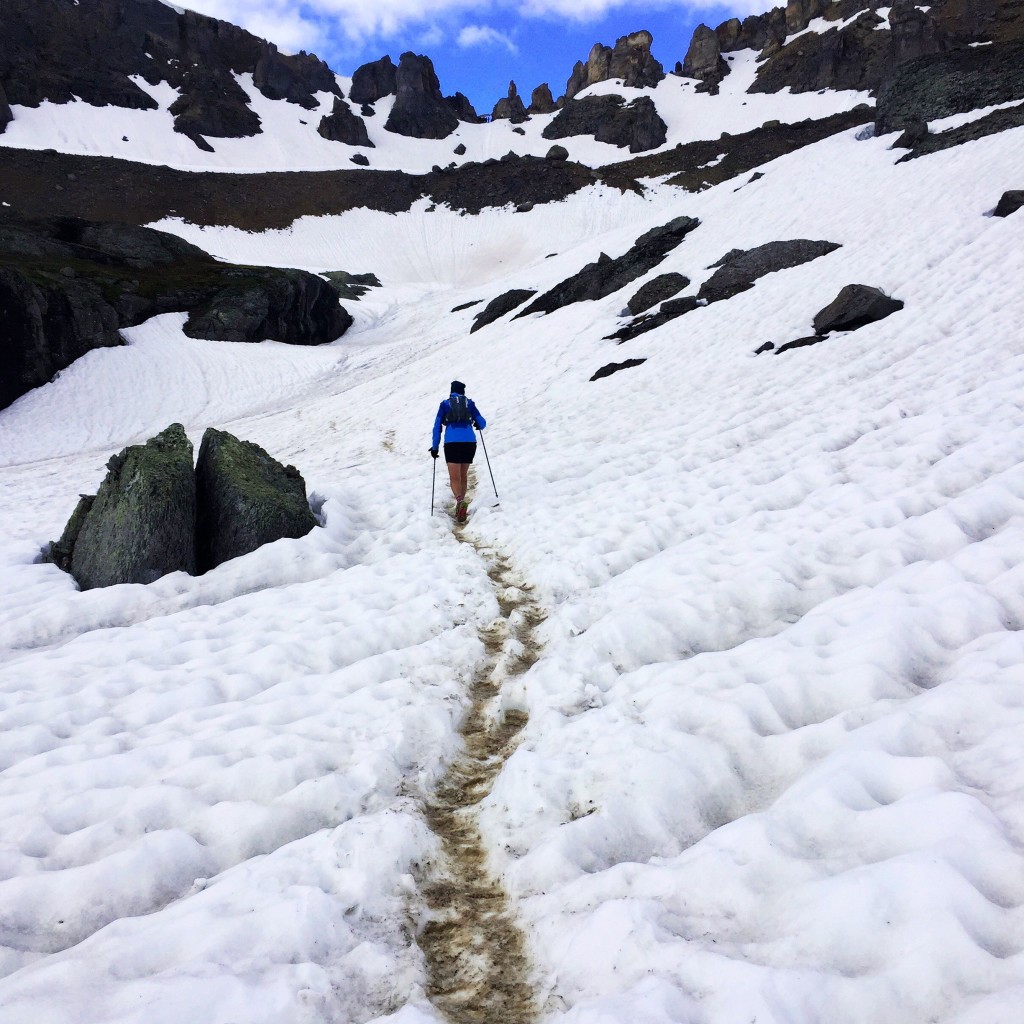 Clare, just ahead of me, going up the snowfield to the ridge.