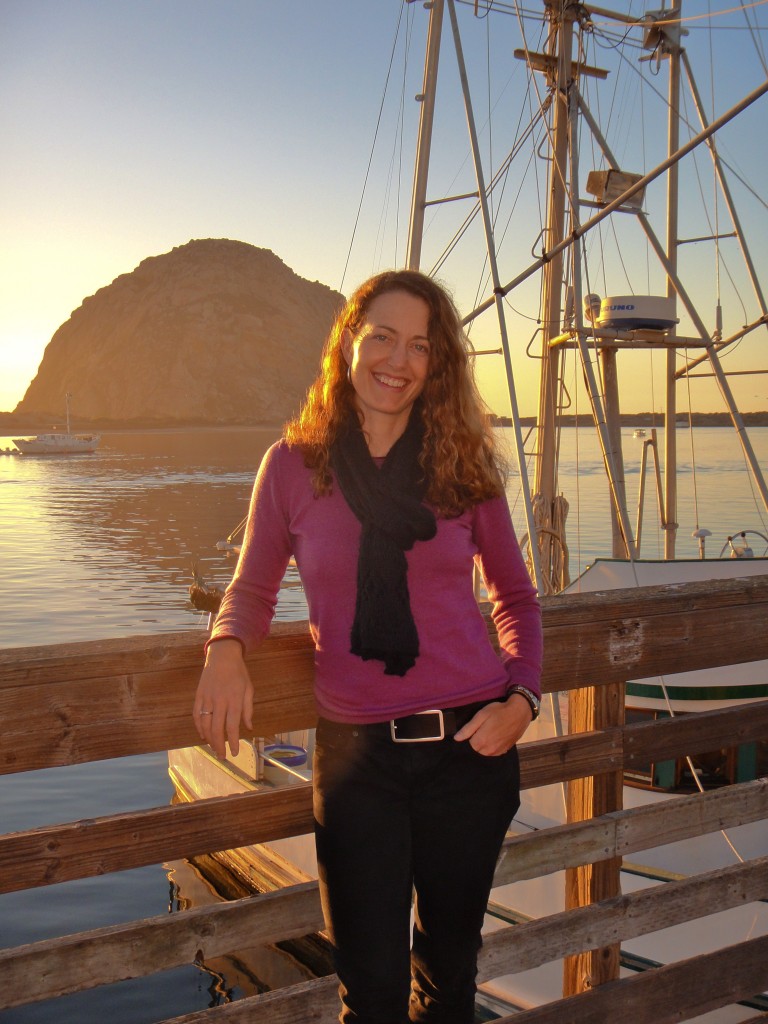 Morro Bay harbor at sunset with Morro Rock in the background.