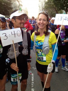 Mark Tanaka and me at the start of the Oakland Marathon on March 24, getting ready to lead the 3:40 pace group.