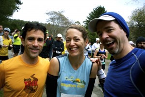 Scott Dunlap, on the right, with me and our fellow Inside Trail racing team member Gary Gellin at a 50K in 2011.