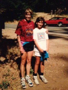 Ann Trason with Christina Williams in 1995, three days after Ann's Western States 100 win. In this photo, Ann is giving Christina her Western States shirt, and they went on a three-mile run together. Later this month, Ann will pace Christina when Christina runs her first Western States.