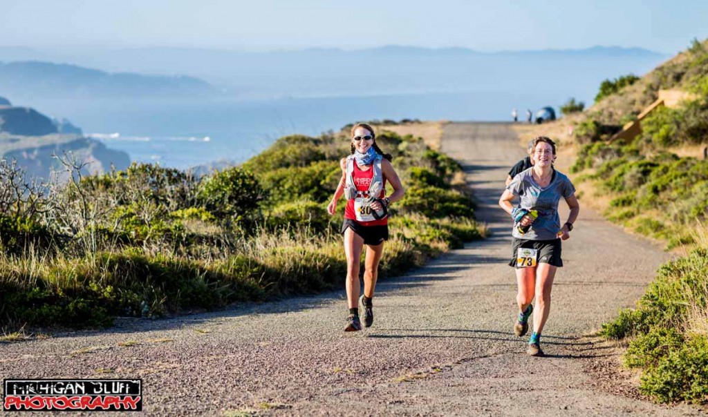 Enjoying the miles with Clare Abram on the climb out of Rodeo Beach to Wolf Ridge (photo by Myles Smith).