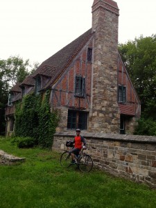 Morgan in front of the Jordan Pond Gate Lodge.