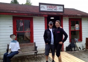 Morgan and me outside Hardy's, with another of Peter's sculpted characters on the bench.