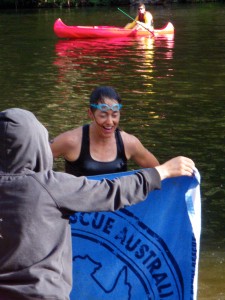 Emerging from the swim leg of an Australian tri, to a towel and cheer from my daughter.