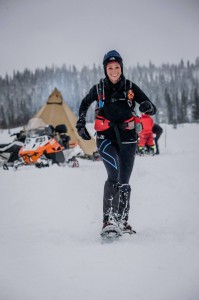 On her way to winning the Ice Ultra, most of which was run on snowshoes.