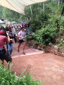 Kilian Jornet leaving the Telluride Aid Station. He was the eventual winner and broke the course record by 40 minutes, finishing in 22:41.