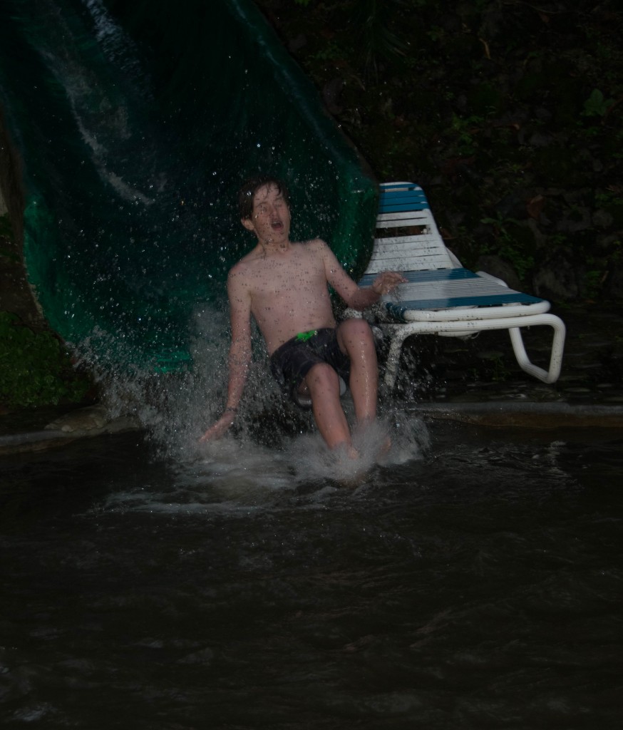 Kyle on the water slide. Amazingly, he broke his collar bone three weeks ago, but it is healing fine and the injury did not slow him down on this trip.