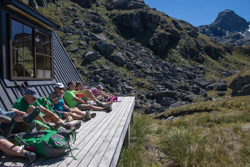 hikers at Harris Saddle hut