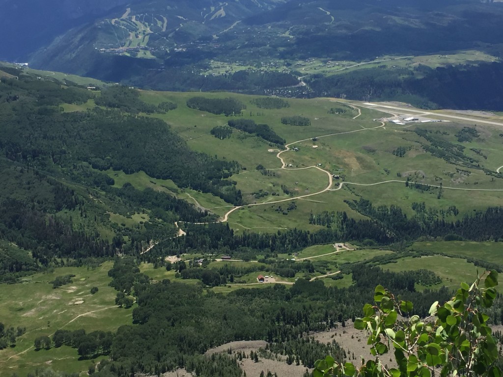 A bird's-eye view of Last Dollar Road, six miles outside of the town of Telluride, with my brother's cabin right near the center. I took this photo on a hike on our last day.